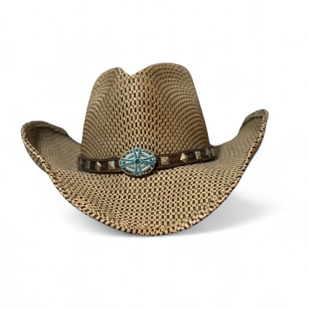 Straw Western Cowboy Hat with Turquoise Concho